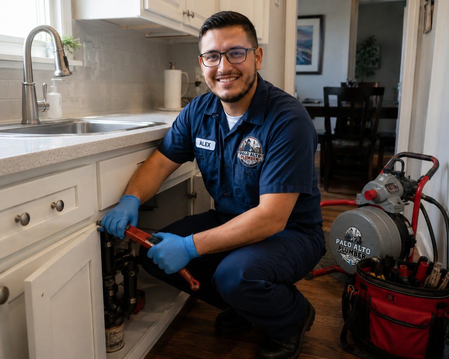 Palo Alto Plumber Co. technician repairing kitchen plumbing